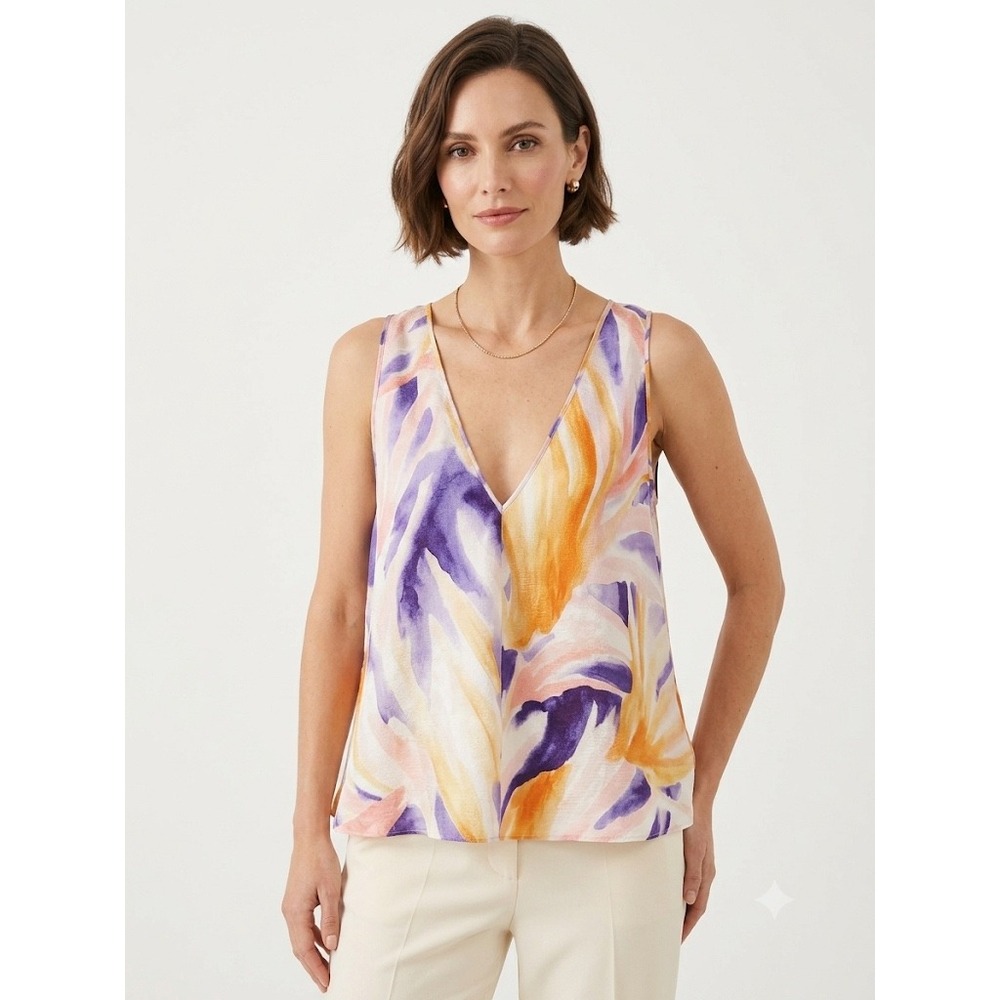 forte_forte 100% Silk Abstract Watercolor V-Neck Top Made in Italy Sz 3 US 8/10 - Picture 3 of 6